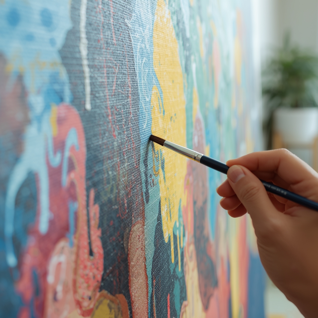 A close up of a hand holding an oil brush painting a vibrant masterpiece on a large canvas in a bright room